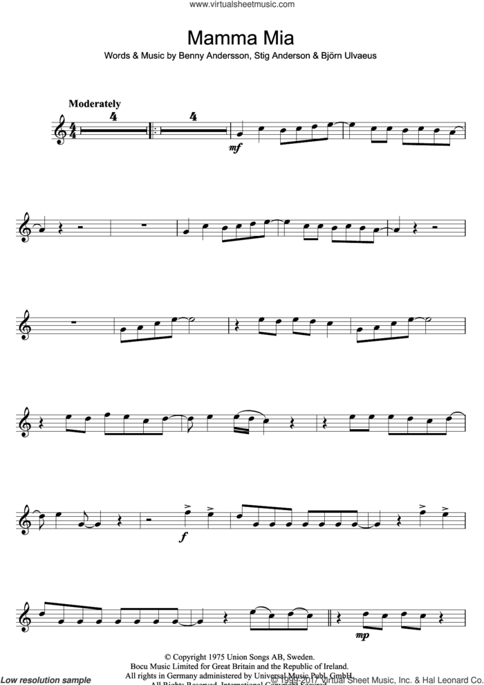 Mamma Mia sheet music for flute solo by ABBA, Benny Andersson, Bjorn Ulvaeus and Stig Anderson, intermediate skill level