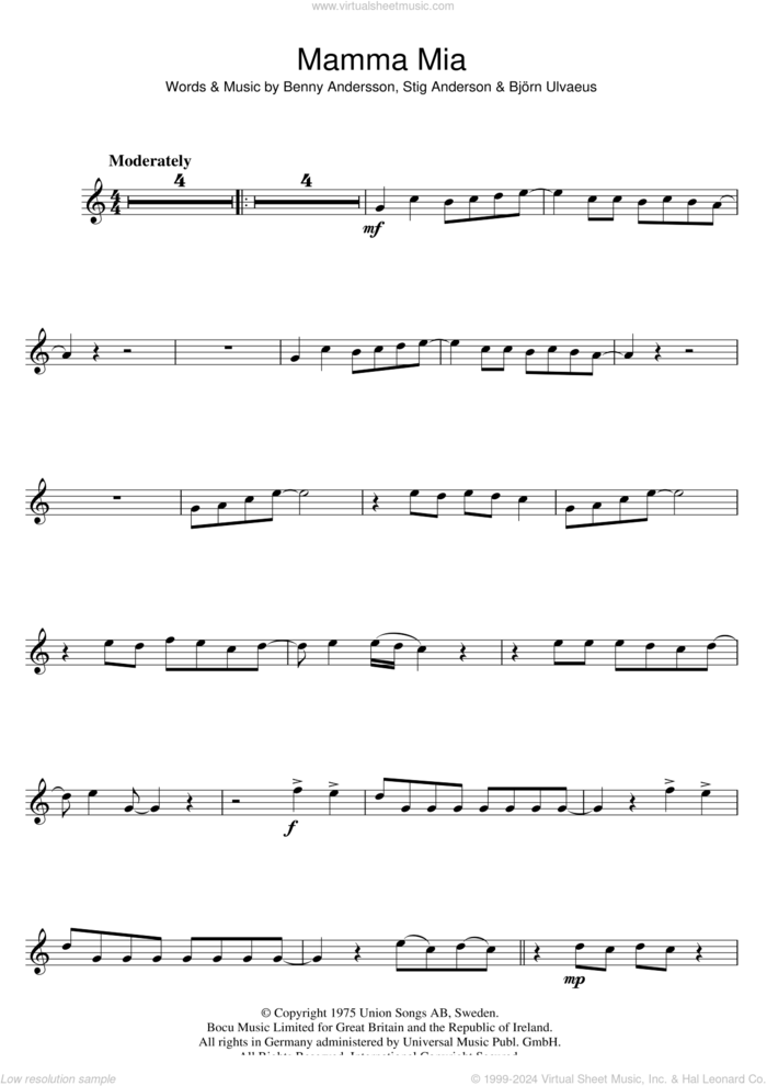 Mamma Mia sheet music for flute solo by ABBA, Benny Andersson, Bjorn Ulvaeus and Stig Anderson, intermediate skill level