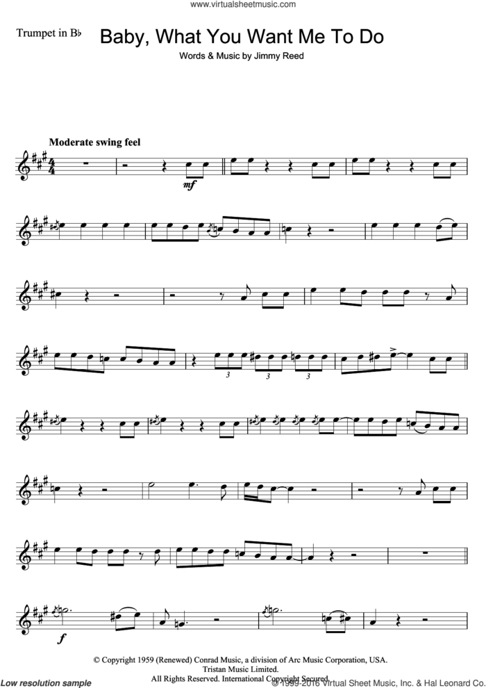 Baby, What You Want Me To Do sheet music for trumpet solo by Etta James and Jimmy Reed, intermediate skill level