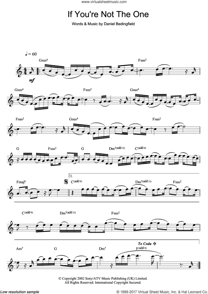 If You're Not The One sheet music for flute solo by Daniel Bedingfield, intermediate skill level