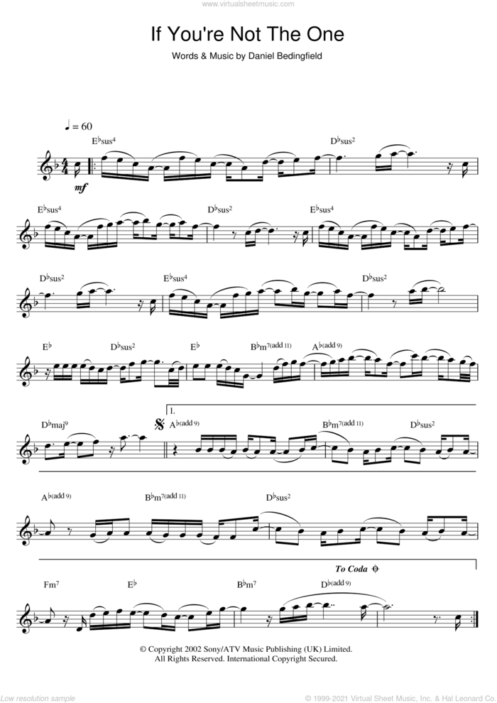 If You're Not The One sheet music for saxophone solo by Daniel Bedingfield, intermediate skill level