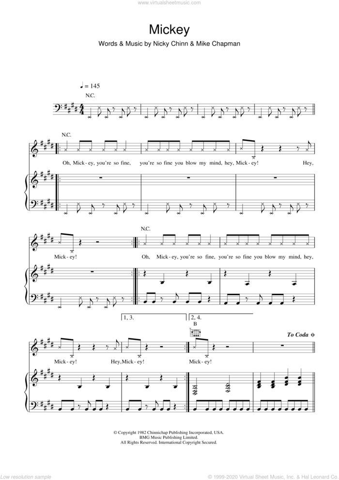 Mickey sheet music for violin solo by Toni Basil, Mike Chapman and Nicky Chinn, intermediate skill level
