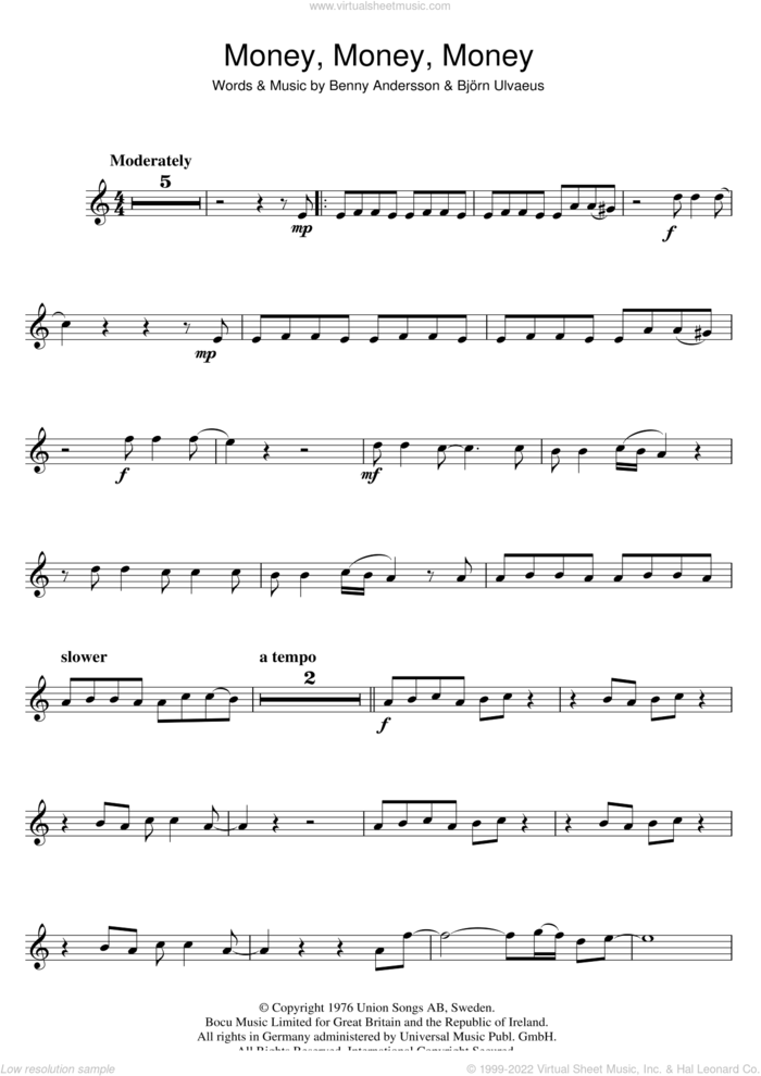 Money, Money, Money sheet music for flute solo by ABBA, Benny Andersson and Bjorn Ulvaeus, intermediate skill level
