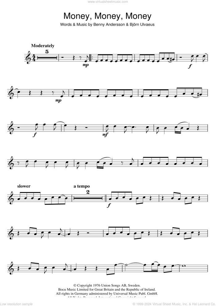 Money, Money, Money sheet music for flute solo by ABBA, Benny Andersson and Bjorn Ulvaeus, intermediate skill level