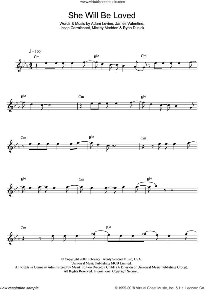 She Will Be Loved sheet music for flute solo by Maroon 5, Adam Levine, James Valentine, Jesse Carmichael, Michael Madden and Ryan Dusick, intermediate skill level
