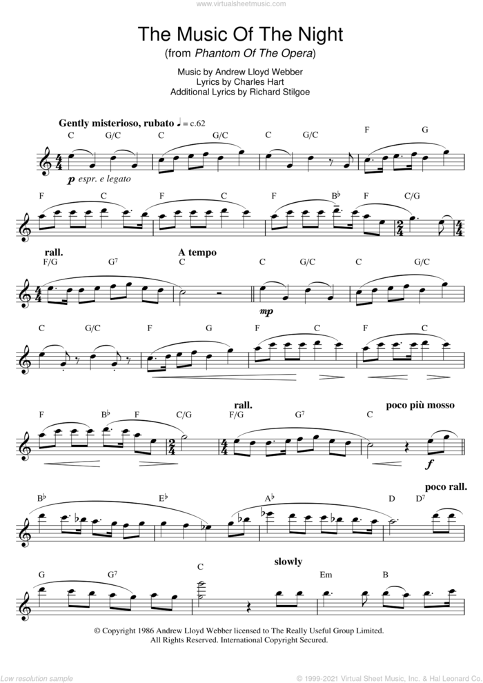 The Music Of The Night (from The Phantom Of The Opera) sheet music for flute solo by Michael Crawford, Andrew Lloyd Webber, Charles Hart and Richard Stilgoe, intermediate skill level