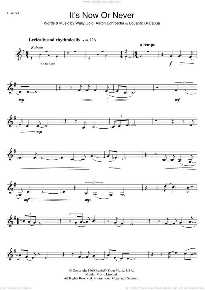 It's Now Or Never sheet music for clarinet solo by Elvis Presley, Aaron Schroeder, Eduardo Di Capua and Wally Gold, intermediate skill level