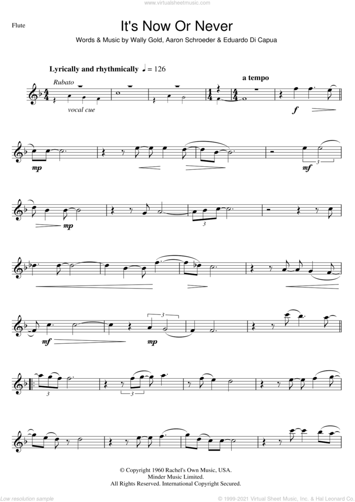 It's Now Or Never sheet music for flute solo by Elvis Presley, Aaron Schroeder, Eduardo Di Capua and Wally Gold, intermediate skill level