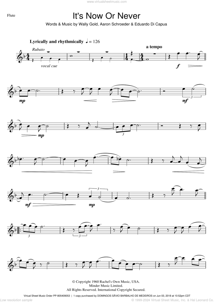 It's Now Or Never sheet music for flute solo by Elvis Presley, Aaron Schroeder, Eduardo Di Capua and Wally Gold, intermediate skill level