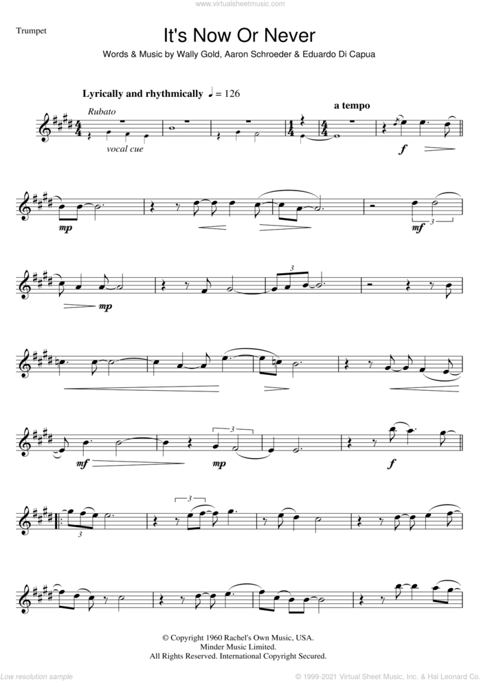 It's Now Or Never sheet music for trumpet solo by Elvis Presley, Aaron Schroeder, Eduardo Di Capua and Wally Gold, intermediate skill level