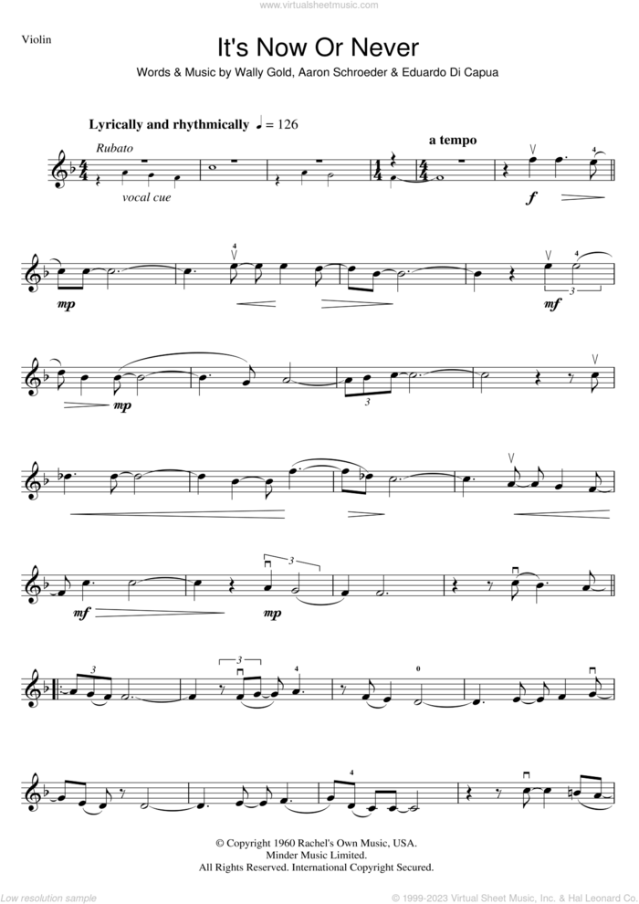 It's Now Or Never sheet music for violin solo by Elvis Presley, Aaron Schroeder, Eduardo Di Capua and Wally Gold, intermediate skill level