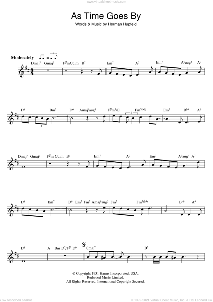 As Time Goes By sheet music for flute solo by Herman Hupfeld, intermediate skill level