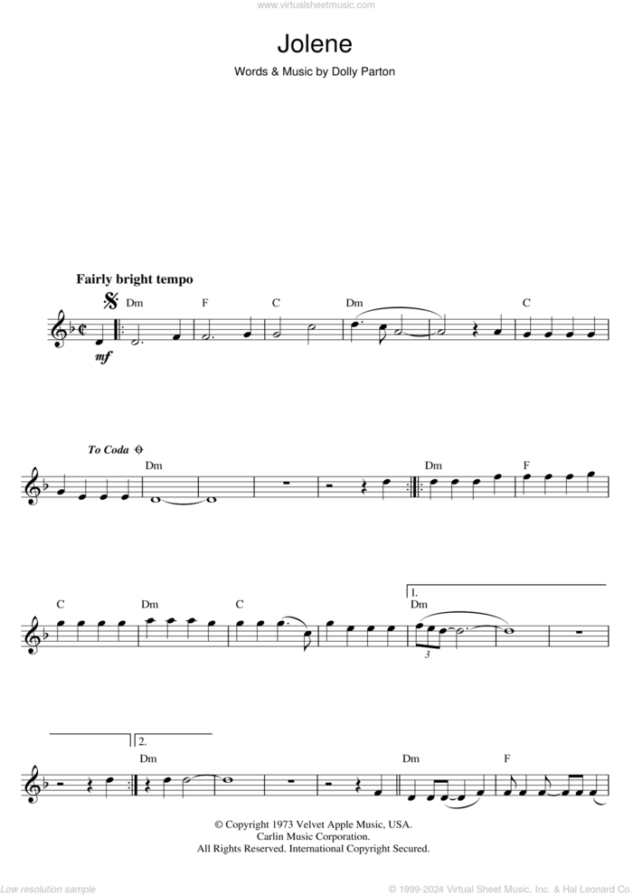 Jolene sheet music for flute solo by Dolly Parton, intermediate skill level