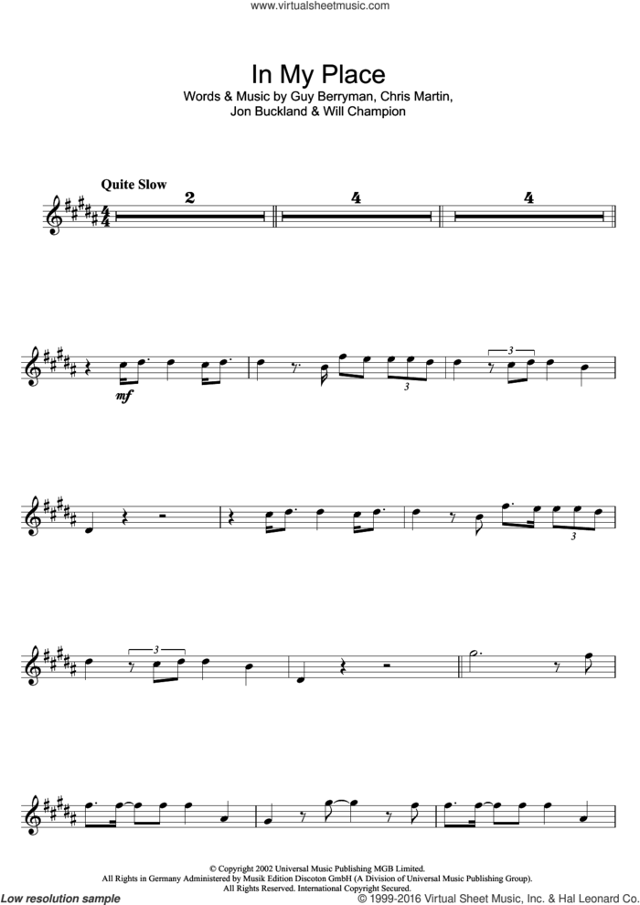 In My Place sheet music for clarinet solo by Coldplay, Chris Martin, Guy Berryman, Jonny Buckland and Will Champion, intermediate skill level