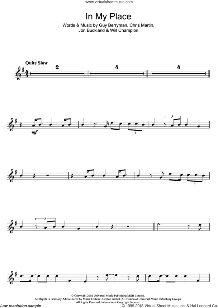 In My Place sheet music for flute solo by Coldplay, Chris Martin, Guy Berryman, Jonny Buckland and Will Champion, intermediate skill level