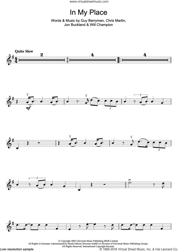 In My Place sheet music for violin solo by Coldplay, Chris Martin, Guy Berryman, Jonny Buckland and Will Champion, intermediate skill level