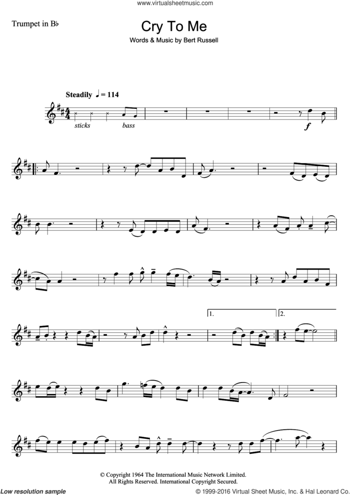 Cry To Me sheet music for trumpet solo by Solomon Burke and Bert Russell, intermediate skill level
