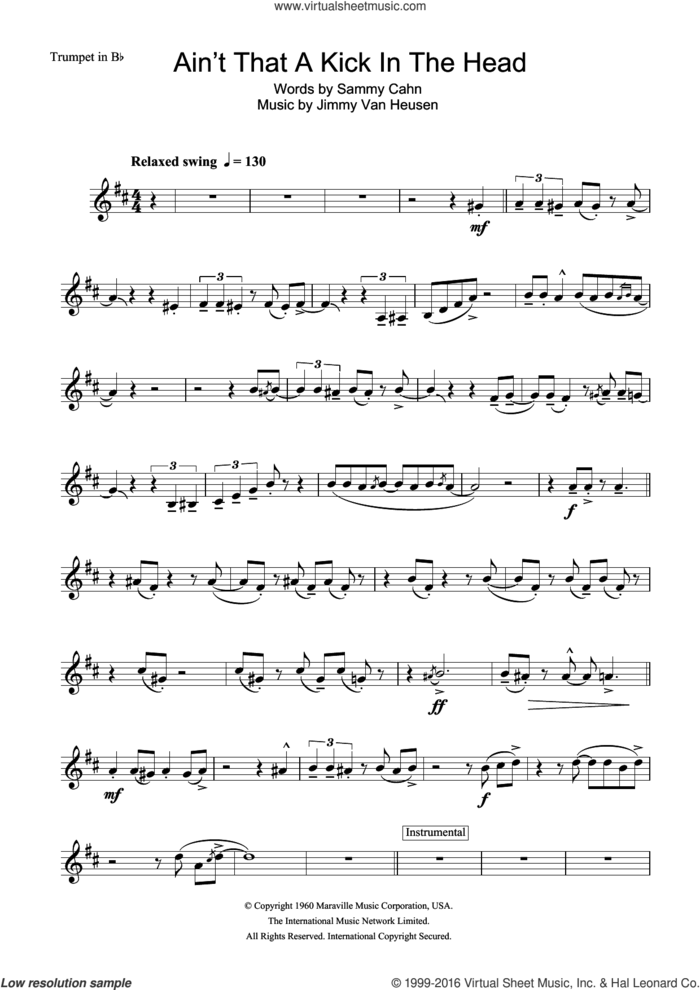 Ain't That A Kick In The Head sheet music for trumpet solo by Frank Sinatra, Jimmy Van Heusen and Sammy Cahn, intermediate skill level