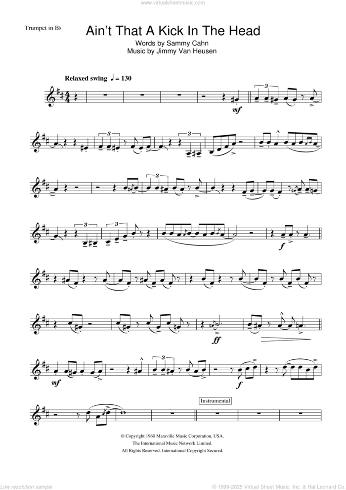 Ain't That A Kick In The Head sheet music for trumpet solo by Frank Sinatra, Jimmy Van Heusen and Sammy Cahn, intermediate skill level