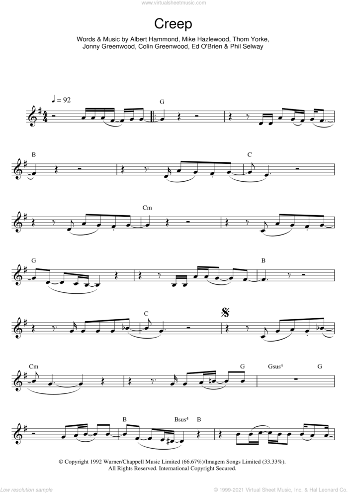 Creep sheet music for flute solo by Radiohead, Albert Hammond, Colin Greenwood, Jonny Greenwood, Michael Hazlewood, Phil Selway and Thom Yorke, intermediate skill level