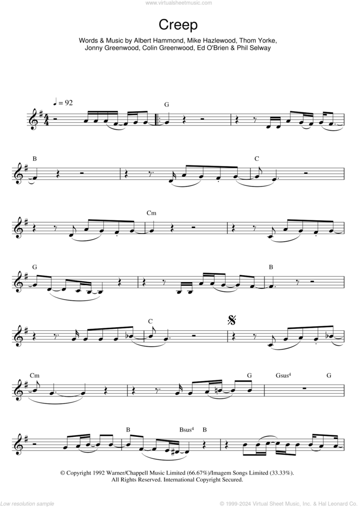 Creep sheet music for flute solo by Radiohead, Albert Hammond, Colin Greenwood, Jonny Greenwood, Michael Hazlewood, Phil Selway and Thom Yorke, intermediate skill level