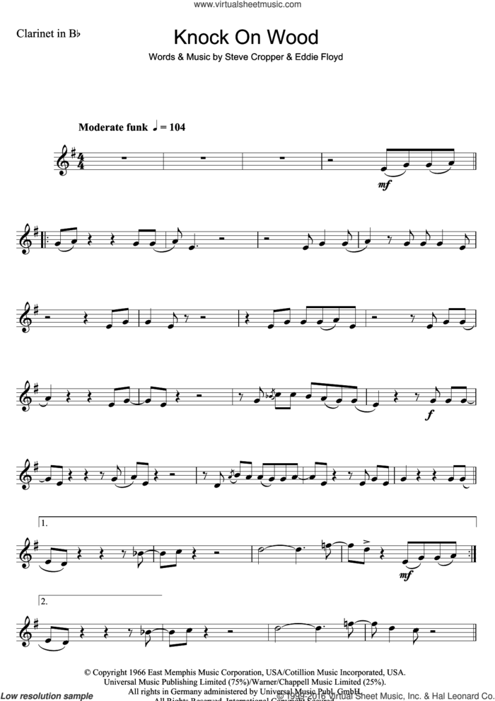 Knock On Wood sheet music for clarinet solo by Eddie Floyd and Steve Cropper, intermediate skill level