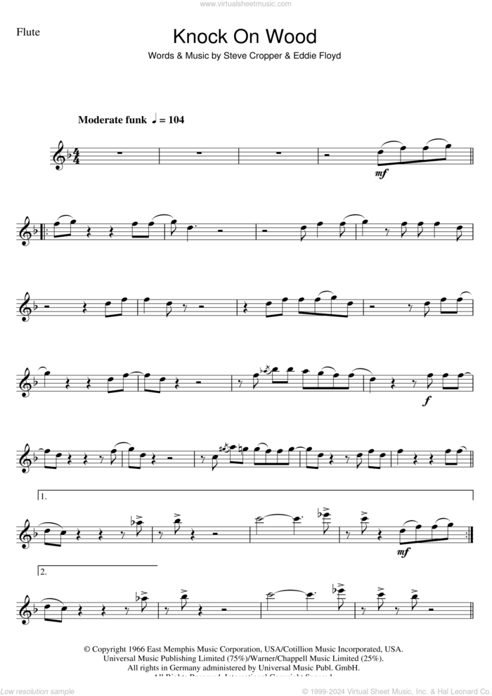 Knock On Wood sheet music for flute solo by Eddie Floyd and Steve Cropper, intermediate skill level