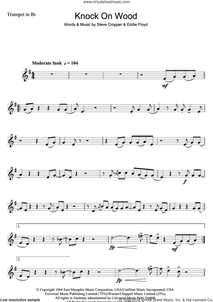 Knock On Wood sheet music for trumpet solo by Eddie Floyd and Steve Cropper, intermediate skill level