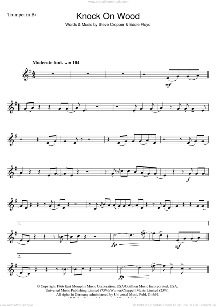 Knock On Wood sheet music for trumpet solo by Eddie Floyd and Steve Cropper, intermediate skill level