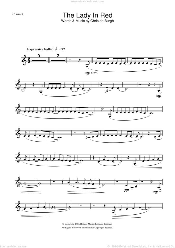 The Lady In Red sheet music for clarinet solo by Chris de Burgh, intermediate skill level