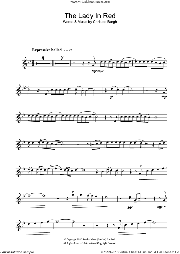 The Lady In Red sheet music for violin solo by Chris de Burgh, intermediate skill level