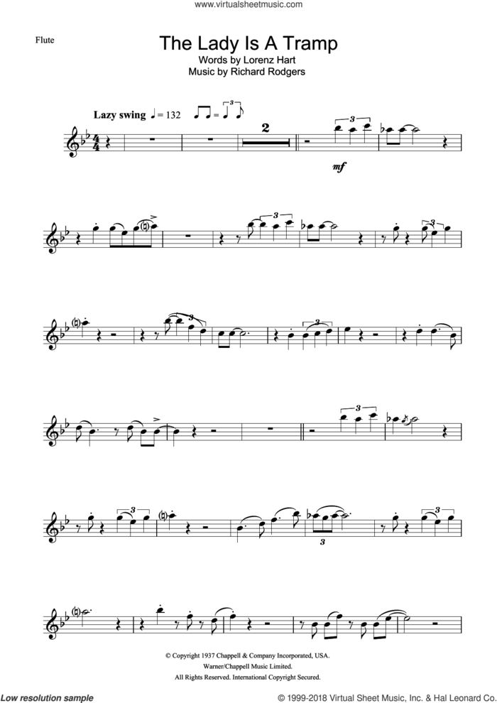 The Lady Is A Tramp sheet music for flute solo by Frank Sinatra, Lorenz Hart and Richard Rodgers, intermediate skill level