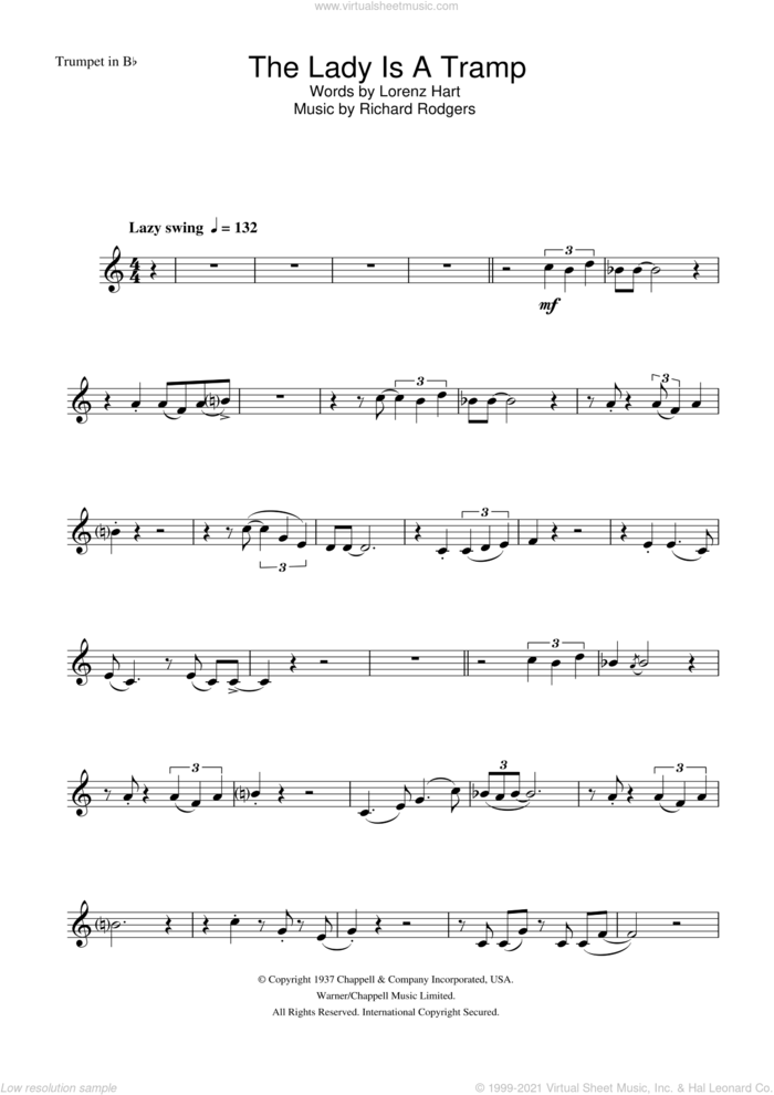 The Lady Is A Tramp sheet music for trumpet solo by Frank Sinatra, Lorenz Hart and Richard Rodgers, intermediate skill level