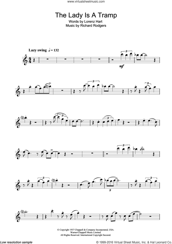 The Lady Is A Tramp sheet music for tenor saxophone solo by Frank Sinatra, Lorenz Hart and Richard Rodgers, intermediate skill level