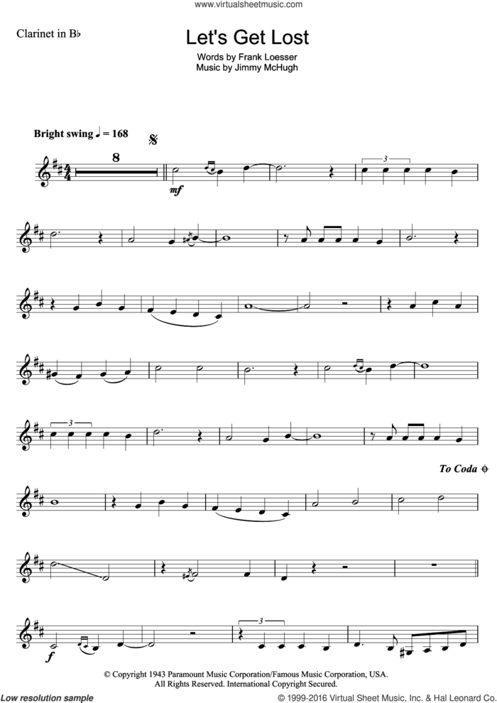 Let's Get Lost sheet music for clarinet solo by Chet Baker, Frank Loesser and Jimmy McHugh, intermediate skill level