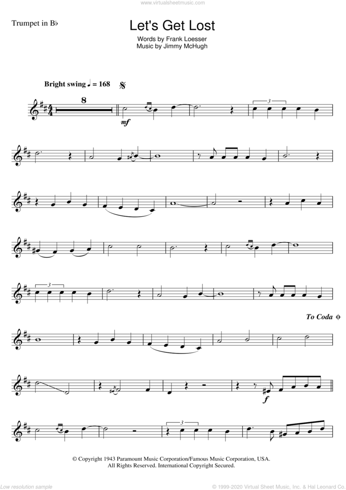 Let's Get Lost sheet music for trumpet solo by Chet Baker, Frank Loesser and Jimmy McHugh, intermediate skill level
