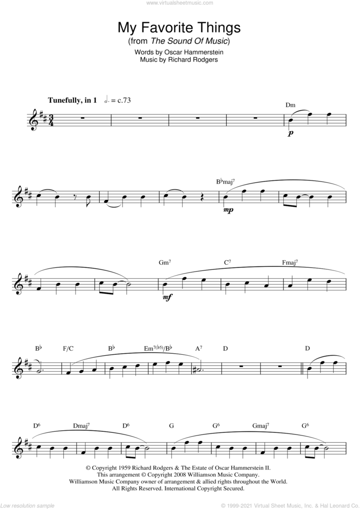 My Favorite Things (from The Sound Of Music) sheet music for saxophone solo by Julie Andrews, Oscar II Hammerstein and Richard Rodgers, intermediate skill level