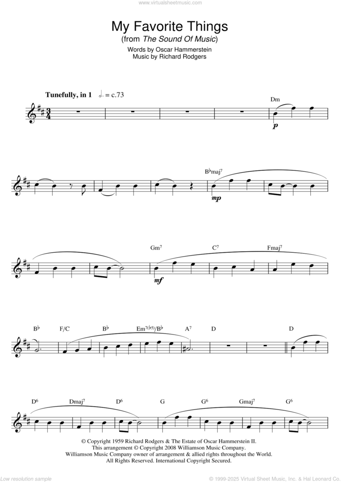 My Favorite Things (from The Sound Of Music) sheet music for saxophone solo by Julie Andrews, Oscar II Hammerstein and Richard Rodgers, intermediate skill level