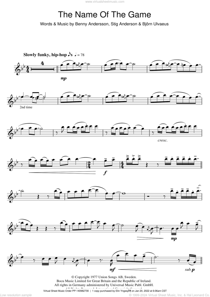 The Name Of The Game sheet music for flute solo by ABBA, Benny Andersson, Bjorn Ulvaeus and Stig Anderson, intermediate skill level