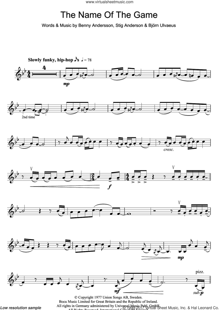 The Name Of The Game sheet music for violin solo by ABBA, Benny Andersson, Bjorn Ulvaeus and Stig Anderson, intermediate skill level