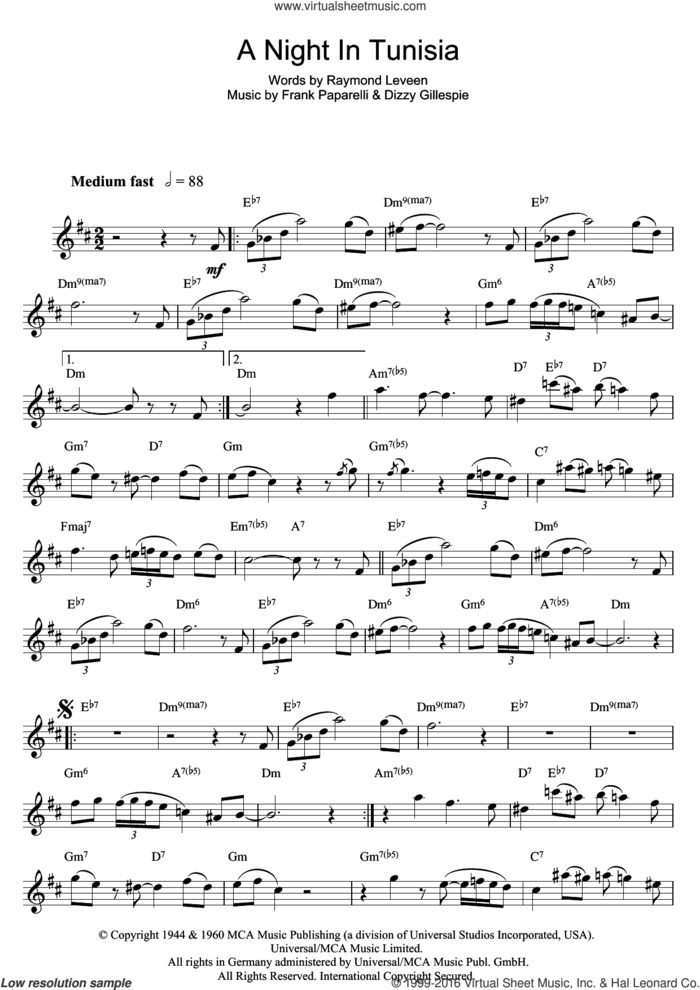 A Night In Tunisia sheet music for saxophone solo by Dizzy Gillespie, Frank Paparelli and Raymond Leveen, intermediate skill level