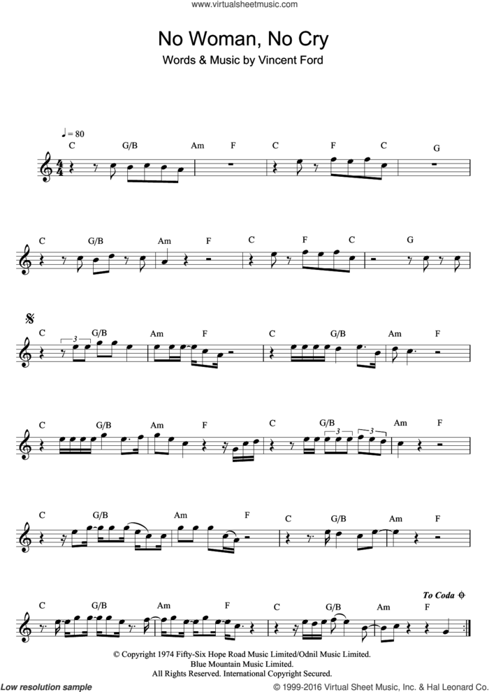 No Woman, No Cry sheet music for flute solo by Bob Marley and Vincent Ford, intermediate skill level