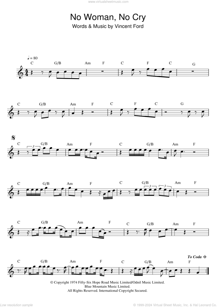 No Woman, No Cry sheet music for flute solo by Bob Marley and Vincent Ford, intermediate skill level