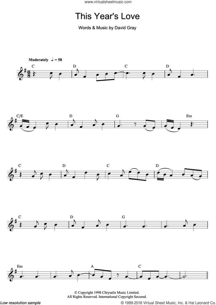 This Year's Love sheet music for flute solo by David Gray, intermediate skill level