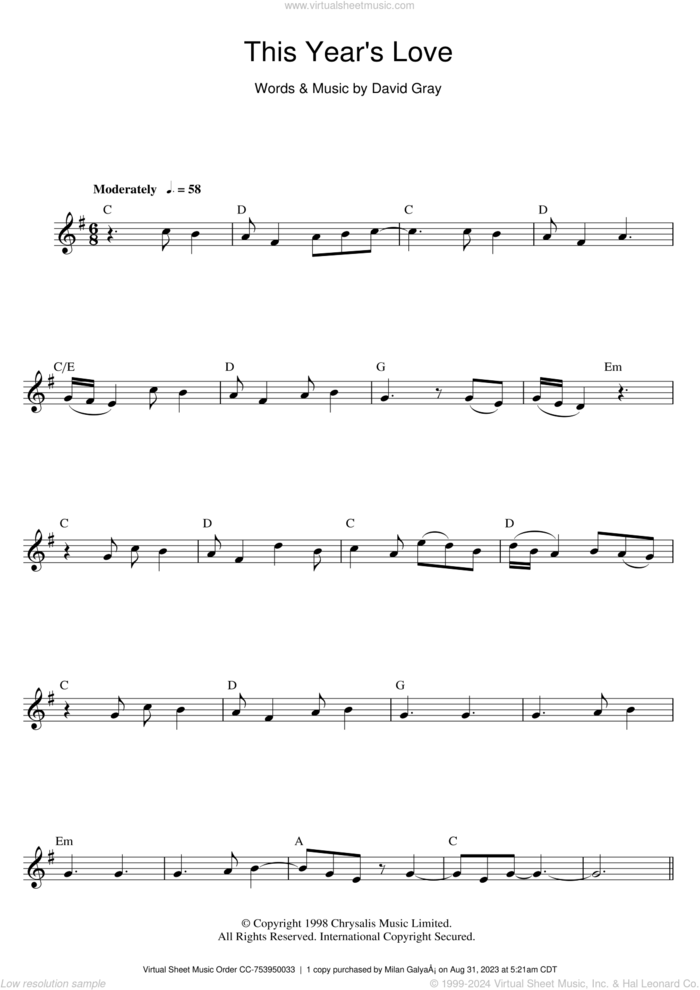 This Year's Love sheet music for flute solo by David Gray, intermediate skill level