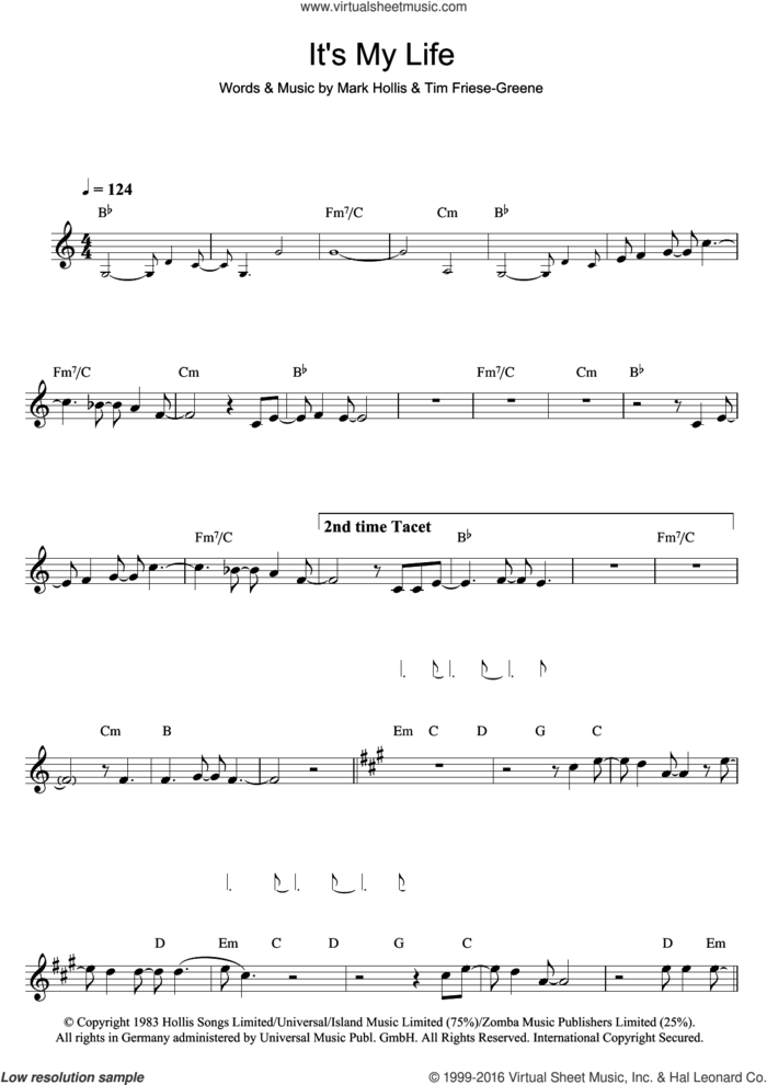 It's My Life sheet music for clarinet solo by Talk Talk, Mark Hollis and Tim Friese-Greene, intermediate skill level