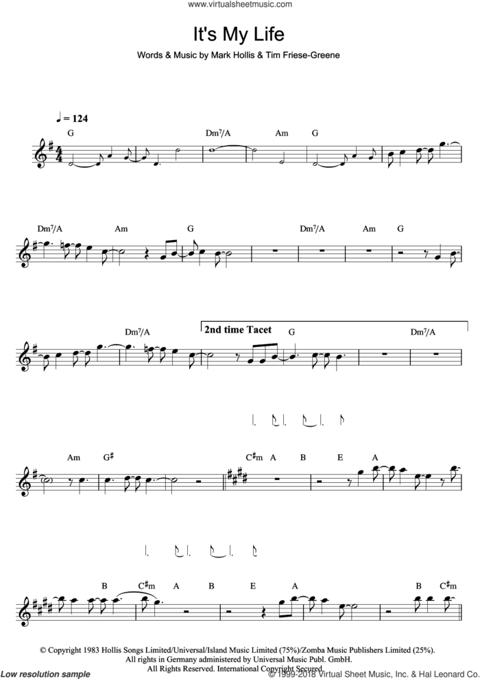 It's My Life sheet music for flute solo by Talk Talk, Mark Hollis and Tim Friese-Greene, intermediate skill level