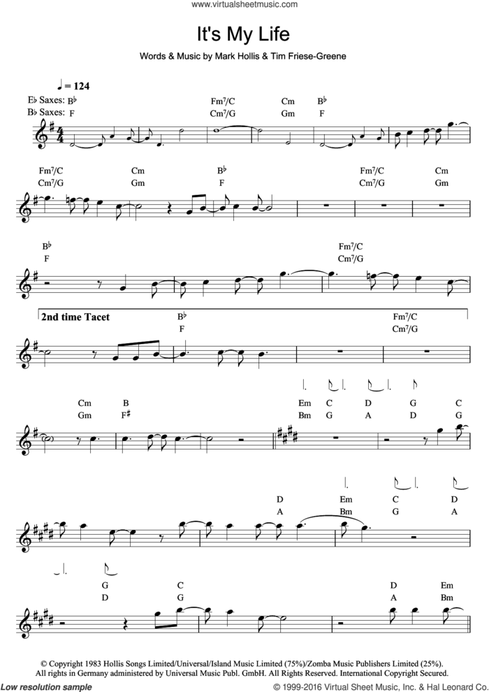 It's My Life sheet music for saxophone solo by Talk Talk, Mark Hollis and Tim Friese-Greene, intermediate skill level