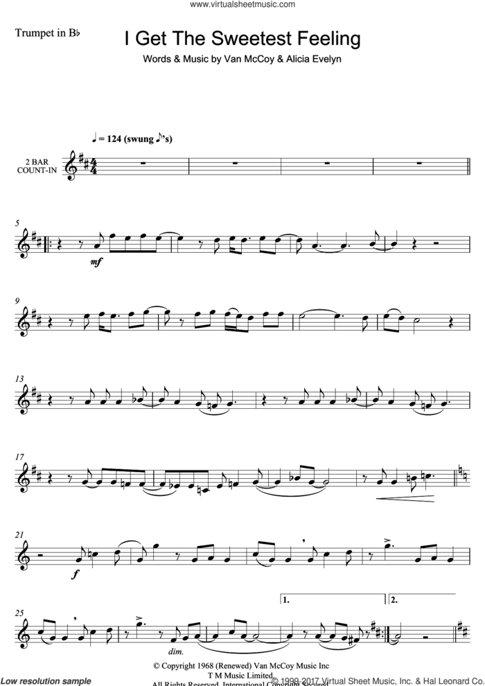 I Get The Sweetest Feeling sheet music for trumpet solo by Jackie Wilson, Alicia Evelyn and Van McCoy, intermediate skill level