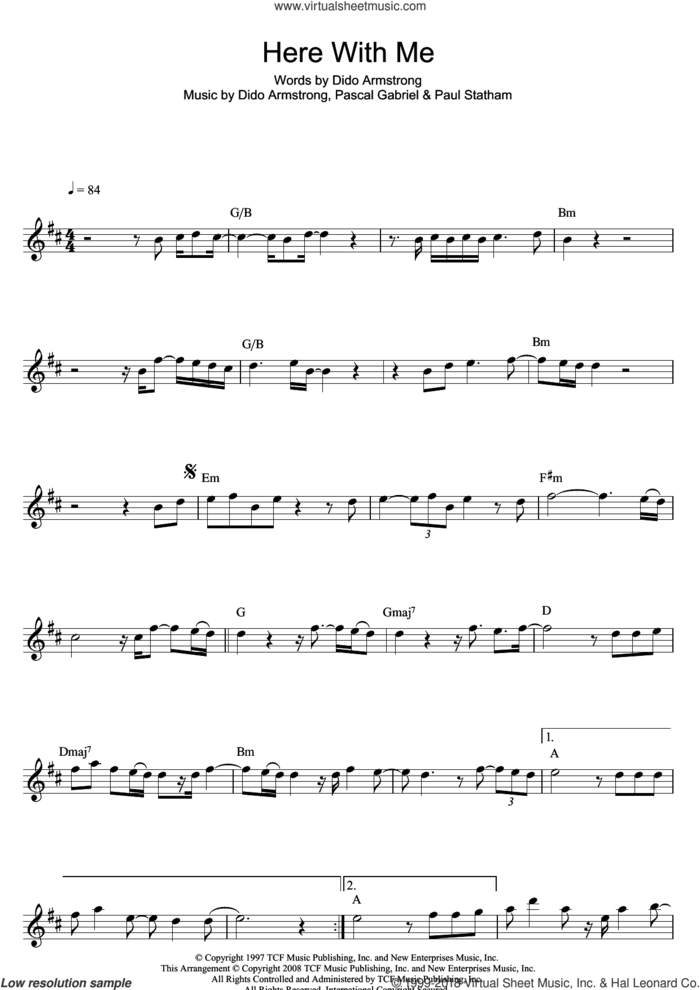 Here With Me sheet music for flute solo by Dido Armstrong, Pascal Gabriel and Paul Statham, intermediate skill level